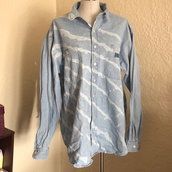 Harley-Davidson Vintage Blue Chambray Embroidered Logo Denim Work Shirt Bleach - Picture 1 of 11